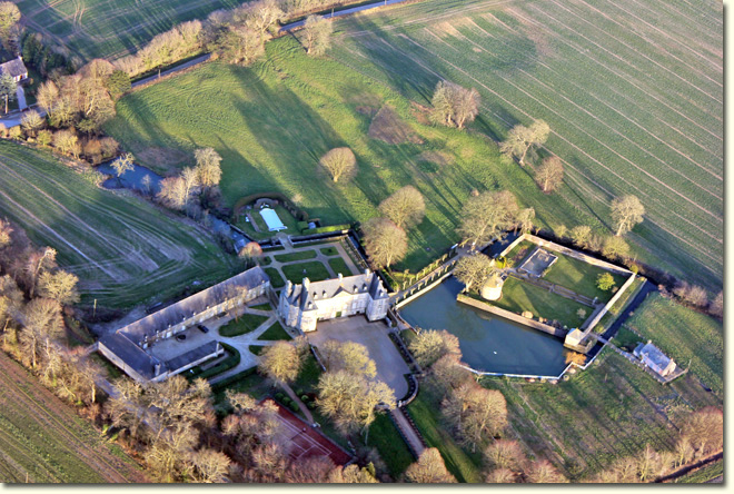 Aerial view of château in winter