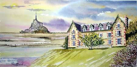 Watercolor of the chteau and Le Mont St-Michel